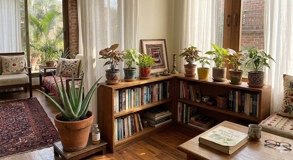 A wide-angle shot of a cozy living room featuring several arrowhead plant varieties on a bookshelf near a large window with sheer white curtains filtering the sunlight.