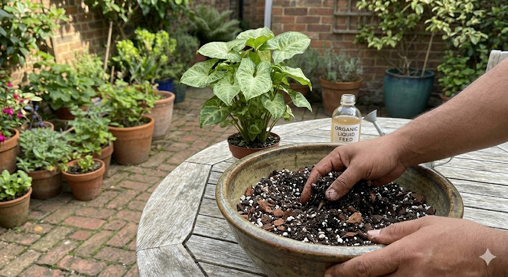 A hands-on photo of a person's hands mixing potting soil, perlite, and bark in a large garden bowl, with a small arrowhead plant in the background waiting to be repotted.
