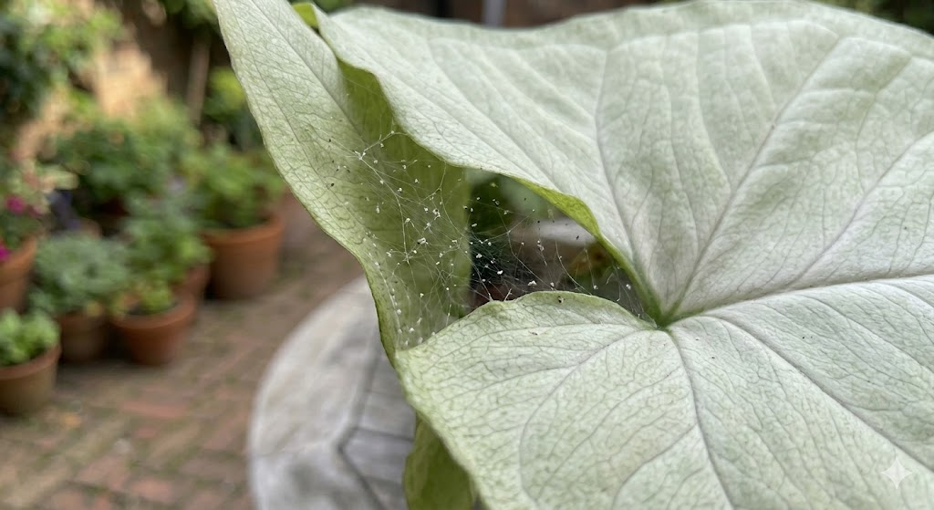 A macro photograph of the underside of a leaf showing tiny spider mite webs and the fine texture of the leaf, used as an educational visual for identifying pests.