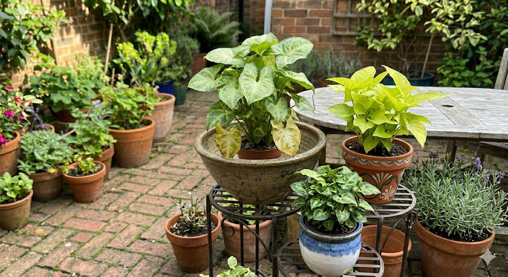 A beautiful arrangement of different Syngonium varieties, including 'White Butterfly', 'Neon Robusta', and 'Pixie', in various decorative pots on a sunlit plant stand.