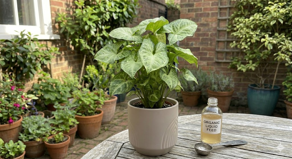A high-resolution, close-up photo of a lush, healthy Syngonium Podophyllum (Arrowhead Plant) in a modern ceramic pot. The leaves are vibrant green with white veins, showing no signs of burn. Beside the pot sits a small glass bottle of liquid fertilizer and a measuring spoon on a clean wooden table. Soft, natural morning light filters through a nearby window.