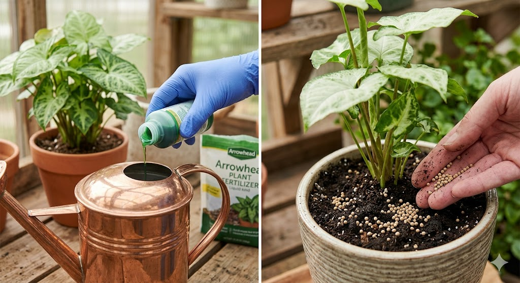 A split-screen style educational graphic. On the left, a hand is diluting liquid fertilizer into a watering can. On the right, a close-up of slow-release fertilizer granules being lightly pressed into the top inch of dark, rich potting soil. Labels in a clean, modern font indicate "Liquid Feed" and "Slow Release.
