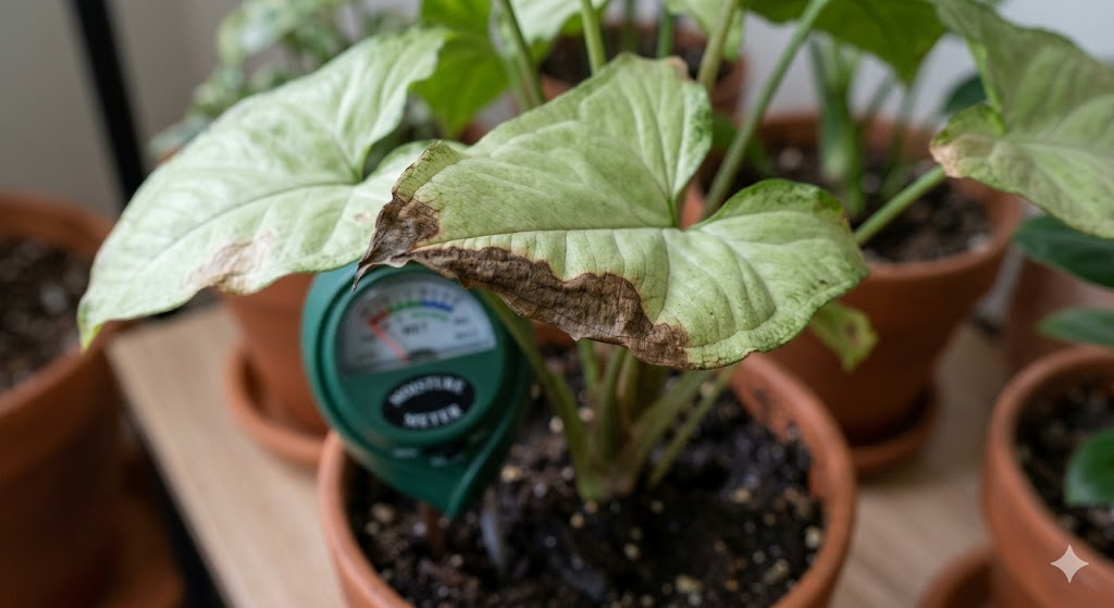 A macro photography shot showing the edge of an arrowhead plant leaf with distinct brown, "burnt" edges. The background is slightly blurred, showing a moisture meter in the soil. This serves as a "what to avoid" visual guide for plant owners.