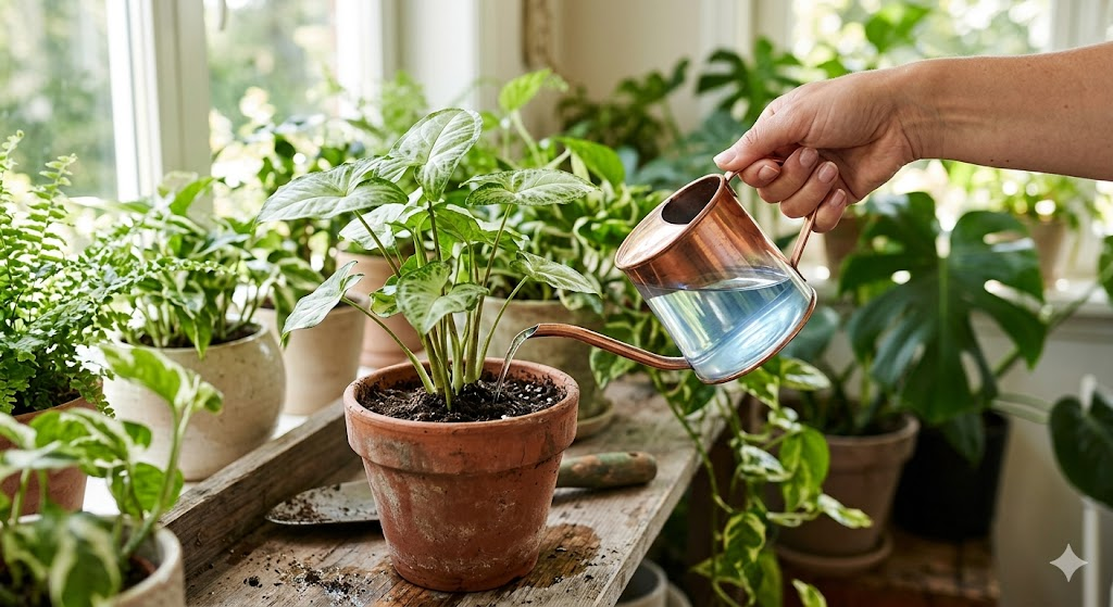 A first-person perspective (POV) shot of a person pouring a clear, slightly blue-tinted liquid fertilizer from a small watering can into a pot. The water is being directed toward the soil, avoiding the stems and leaves. The setting is a bright, airy indoor garden nook.