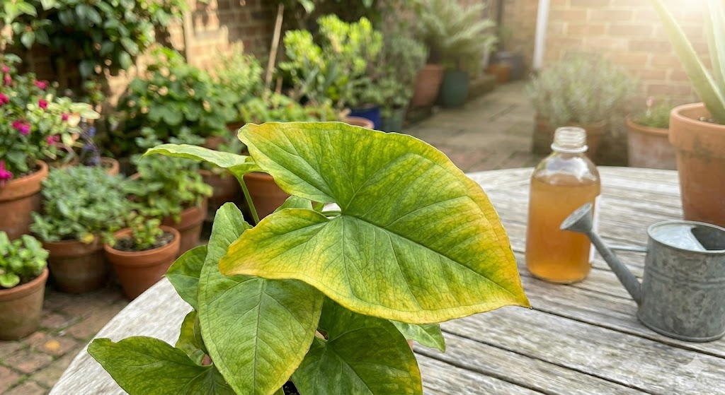 A high-resolution, close-up photo of a Syngonium podophyllum leaf showing a gradient of yellowing from the edges inward, sitting on a wooden table with soft morning sunlight hitting the foliage.