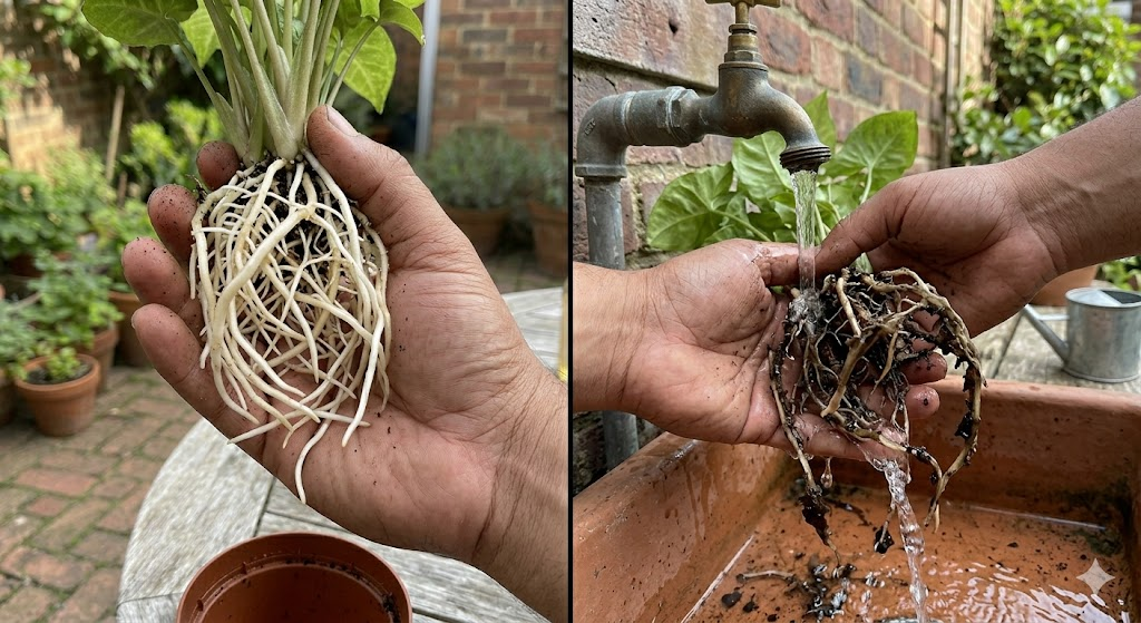 A split-screen comparison: on the left, healthy white Syngonium roots in a hand; on the right, dark, mushy roots affected by root rot being rinsed under a tap.