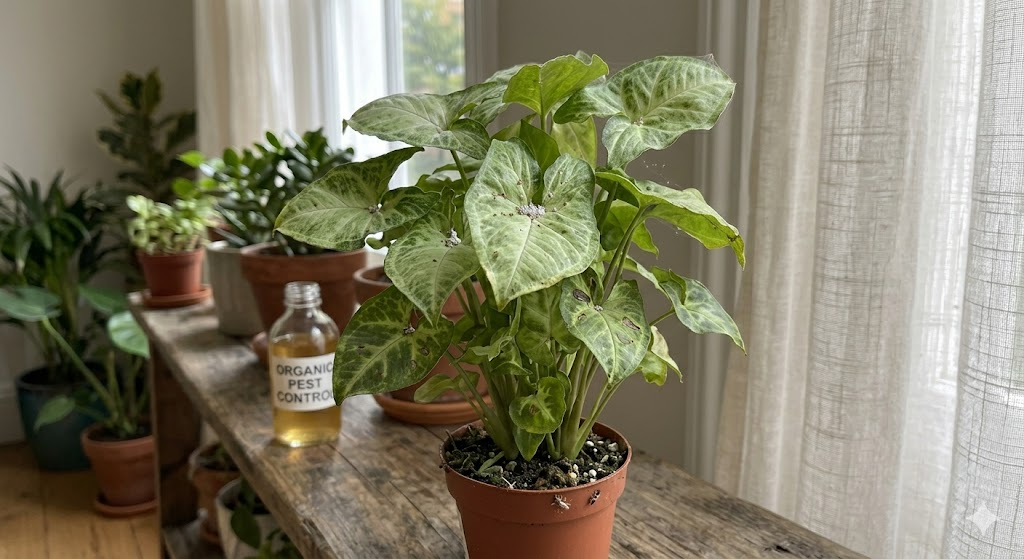 An aesthetic indoor garden setup showing an Arrowhead plant in a terracotta pot near a window with sheer curtains, illustrating the ideal "bright, indirect light" environment.
