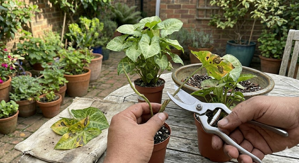 A gardener’s hands using clean, sharp pruning shears to cut a Syngonium stem just above a node, showing a "before and after" of removing diseased foliage